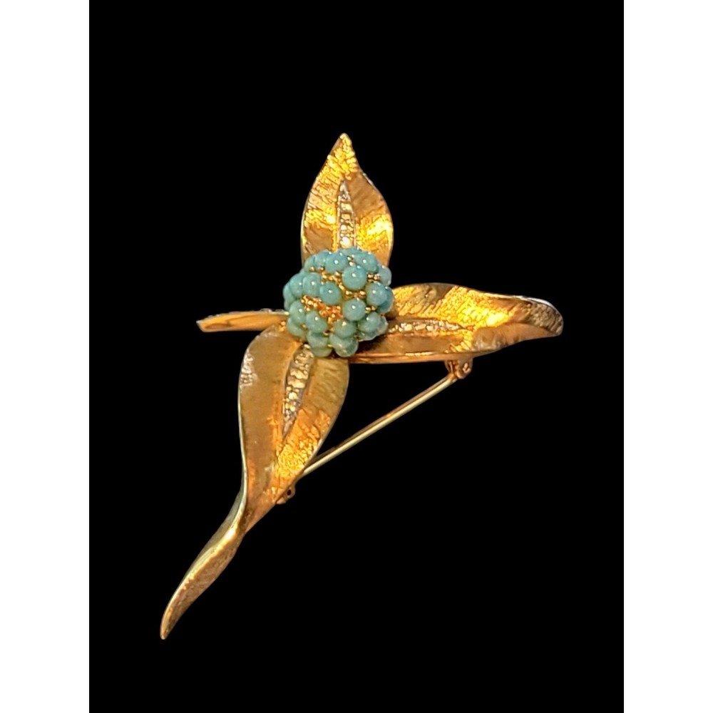 Vintage JOMAZ Joseph Mazer Faux Turquoise Orchid Flower Brooch Signed Gold Tone